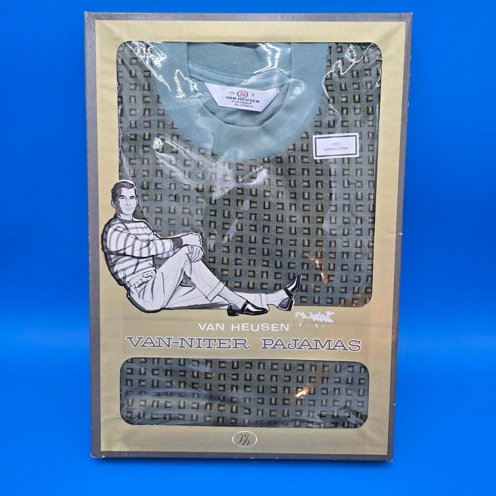 Vintage Van Heusen Van-Niter Pajamas Mens Size B Green Patterned Cotton NOS